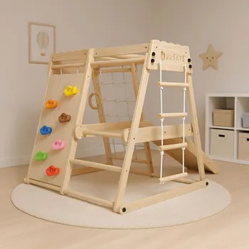 Dětské hřiště Dětské dřevěné hrací centrum do bytu lezecká stěna + skluzavka + žebříky, 102x100x98 cm