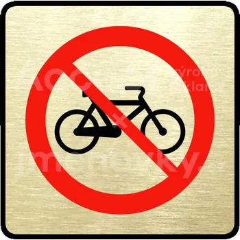 Informační tabulka Zlatý piktogram "zákaz jízdy na bicyklu" s červeným textem a rámečkem -
