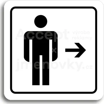 Informační tabulka Bílý piktogram "WC muži vpravo" s černým textem a rámečkem - 80 x 80 mm