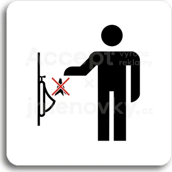 Informační tabulka Bílý piktogram "zákaz vhazování předmětů do pisoáru" s červeným textem bez rámečku - 80 x 80 mm