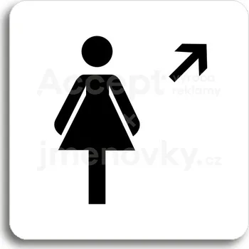 Informační tabulka Bílý piktogram "WC ženy vpravo nahoru" s černým textem bez rámečku -