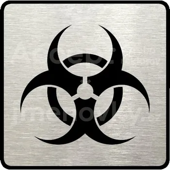 Informační tabulka Stříbrný piktogram "biohazard" s černým&nbsp;textem a rámečkem&nbsp;-