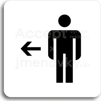 Informační tabulka Bílý piktogram "WC muži vlevo" s černým textem bez rámečku&nbsp;-