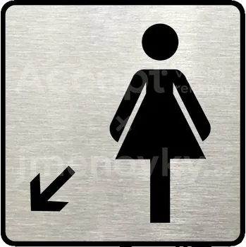 Informační tabulka Stříbrný piktogram "WC ženy vlevo dolů" s černým&nbsp;textem a rámečkem&nbsp;-