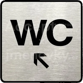Značení Stříbrný piktogram "WC vlevo nahoru" s černým textem a rámečkem -