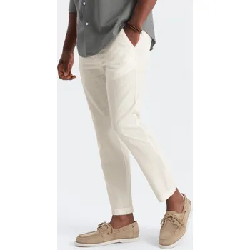 Pánské kalhoty Pánské kalhoty chino z lněné směsi - krémové V2 OM-PACP-0198 - XXL