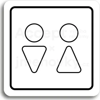 Informační tabulka Bílý piktogram "WC muži, ženy VII" s černým textem a rámečkem -