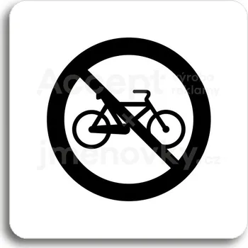 Informační tabulka Bílý piktogram "zákaz jízdy na bicyklu" s černým textem bez rámečku - 80 x 80 mm