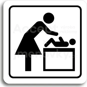 Informační tabulka Bílý piktogram "přebalovací pult" s černým textem a rámečkem - 80 x 80 mm