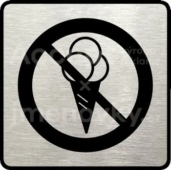 Informační tabulka Stříbrný piktogram "zákaz vstupu se zmrzlinou II" s černým textem a rámečkem - 80 x 80 mm