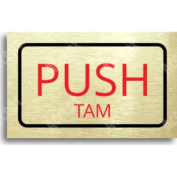 Informační tabulka Zlatý piktogram "SEM - TAM - typ 35" s červeným textem a rámečkem - 80 x 50 mm