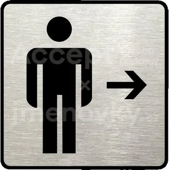 Informační tabulka Stříbrný piktogram "WC muži vpravo" s černým&nbsp;textem a rámečkem&nbsp;-