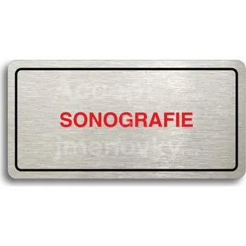 Informační tabulka Stříbrný&nbsp;piktogram "SONOGRAFIE" s červeným textem a rámečkem&nbsp;-