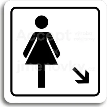 Informační tabulka Bílý piktogram "WC ženy vpravo dolů" s černým textem a rámečkem&nbsp;-