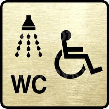 Značení Zlatý piktogram "sprcha, WC invalidé" s černým textem a rámečkem -
