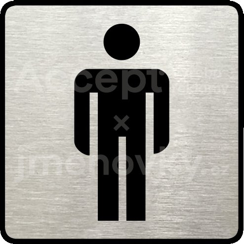 Stříbrný piktogram "WC muži" s černým textem a rámečkem -