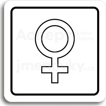 Informační tabulka Bílý piktogram "WC ženy V" s černým textem a rámečkem&nbsp;-