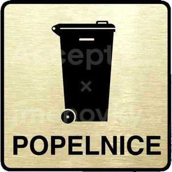 Informační tabulka Zlatý piktogram "popelnice IV" s černým textem a rámečkem - 80 x 80 mm