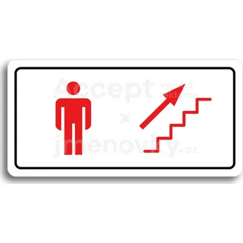 Značení Bílý piktogram "WC MUŽI VPRAVO NAHORU" s červeným textem a rámečkem -