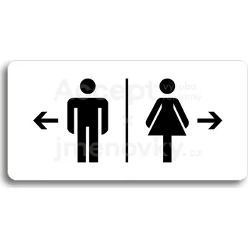 Informační tabulka Bílý piktogram "WC MUŽI VLEVO, WC ŽENY VPRAVO" s černým textem bez rámečku -