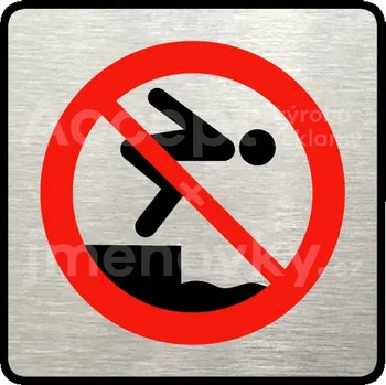 Informační tabulka Stříbrný&nbsp;piktogram "zákaz skákání do vody" s červeným textem a rámečkem&nbsp;-