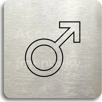 Značení Stříbrný piktogram "WC muži V" s černým textem bez rámečku -
