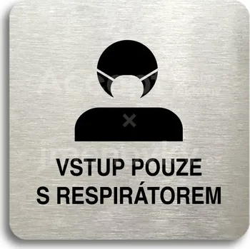 Informační tabulka Stříbrný piktogram "vstup pouze s respirátorem III" s černým&nbsp;textem bez rámečku -