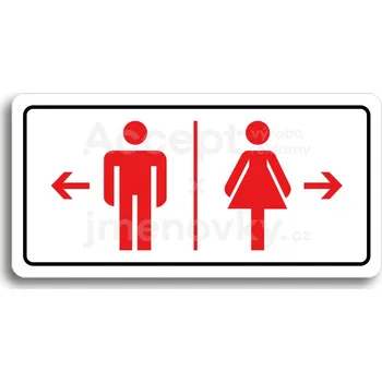 Značení Bílý piktogram "WC MUŽI VLEVO, WC ŽENY VPRAVO" s červeným textem a rámečkem&nbsp;-