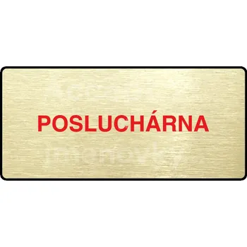 Informační tabulka Zlatý&nbsp;piktogram "POSLUCHÁRNA" s červeným textem a rámečkem&nbsp;-