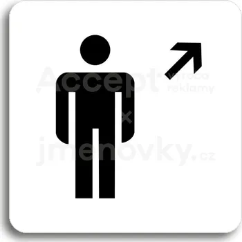 Značení Bílý piktogram "WC muži vpravo nahoru" s černým textem bez rámečku -