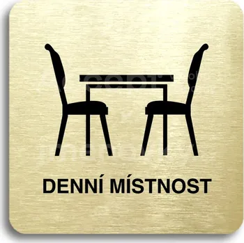 Informační tabulka Zlatý piktogram "denní místnost" s černým textem bez rámečku - 80 x 80 mm
