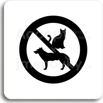 Informační tabulka Bílý piktogram "zákaz vstupu se zvířaty" s černým textem bez rámečku - 80 x 80 mm