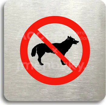 Informační tabulka Stříbrný piktogram "zákaz vstupu se psem" s červeným textem bez rámečku -