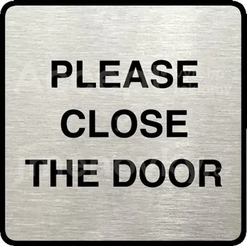 Značení Stříbrný piktogram "please close the door" s černým textem a rámečkem -