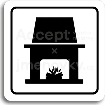 Informační tabulka Bílý piktogram "krb" s černým textem a rámečkem -