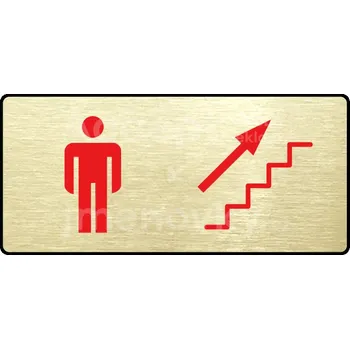 Informační tabulka Zlatý&nbsp;piktogram "WC MUŽI VPRAVO NAHORU" s červeným textem a rámečkem&nbsp;-