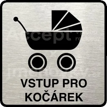 Informační tabulka Stříbrný piktogram "vstup pro kočárek" s černým textem a rámečkem -