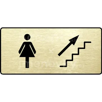 Informační tabulka Zlatý piktogram "WC ŽENY VPRAVO NAHORU" s černým&nbsp;textem a rámečkem&nbsp;-