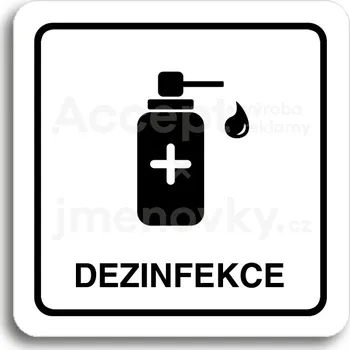 Informační tabulka Bílý piktogram "dezinfekce V" s černým textem a rámečkem&nbsp;-