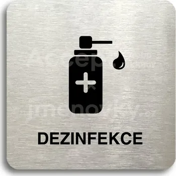 Informační tabulka Stříbrný piktogram "dezinfekce V" s černým textem bez rámečku -