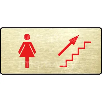 Značení Zlatý&nbsp;piktogram "WC ŽENY VPRAVO NAHORU" s červeným textem a rámečkem&nbsp;-
