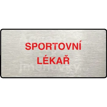 Informační tabulka Stříbrný&nbsp;piktogram "SPORTOVNÍ LÉKAŘ" s červeným textem a rámečkem&nbsp;-