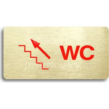 Značení Zlatý&nbsp;piktogram "WC VLEVO NAHORU" s červeným textem bez rámečku&nbsp;-