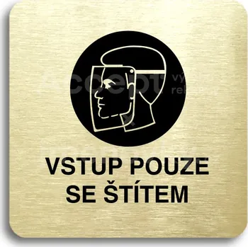 Informační tabulka Zlatý piktogram "vstup pouze se štítem" s černým&nbsp;textem bez rámečku&nbsp;-