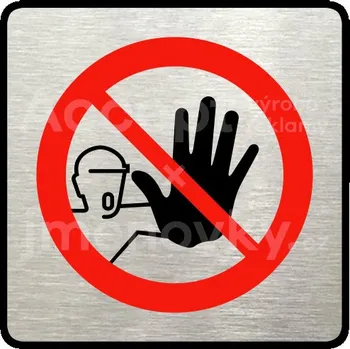 Informační tabulka Stříbrný&nbsp;piktogram "pozor, zákaz vstupu" s červeným textem a rámečkem&nbsp;-