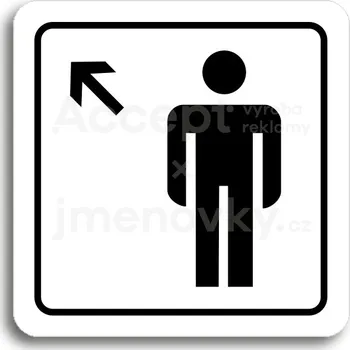 Značení Bílý piktogram "WC muži vlevo nahoru" s černým textem a rámečkem&nbsp;-
