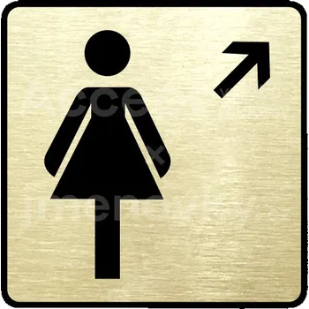 Informační tabulka Zlatý piktogram "WC ženy vpravo nahoru" s černým&nbsp;textem a rámečkem&nbsp;-