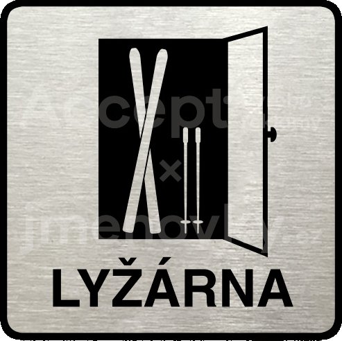 Stříbrný piktogram "lyžárna" s černým textem a rámečkem -