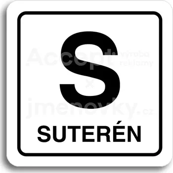 Informační tabulka Bílý piktogram "S suterén" s černým textem a rámečkem - 80 x 80 mm