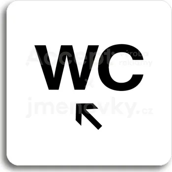 Značení Bílý piktogram "WC vlevo nahoru" s černým textem bez rámečku -